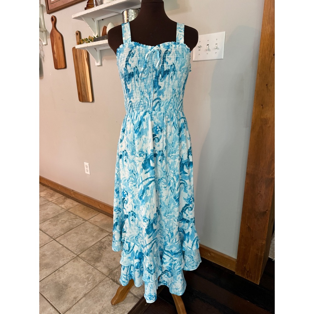 Grace Karin Blue White Marble Smocked High Low Ruffle Midi Sundress Womens Med